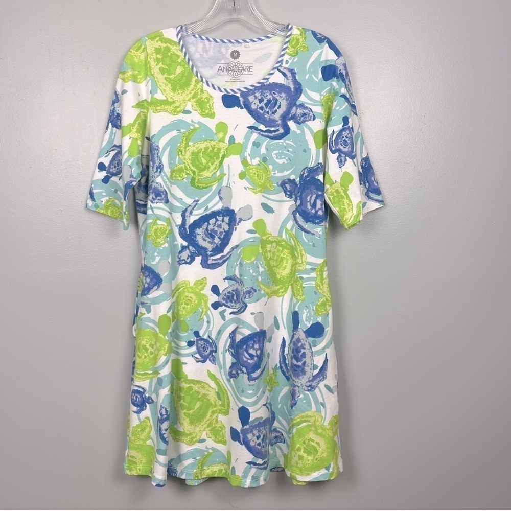 AnaClare cotton spandex blend sea turtle print half sleeve dress, medium.